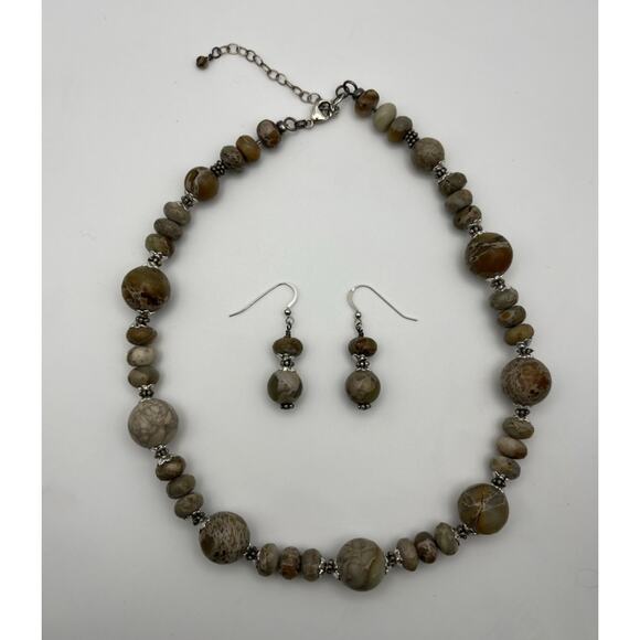 Beaded Stone Necklace & Earrings Set Natural Beige Sterling Silver Posts 18" - Picture 2 of 11